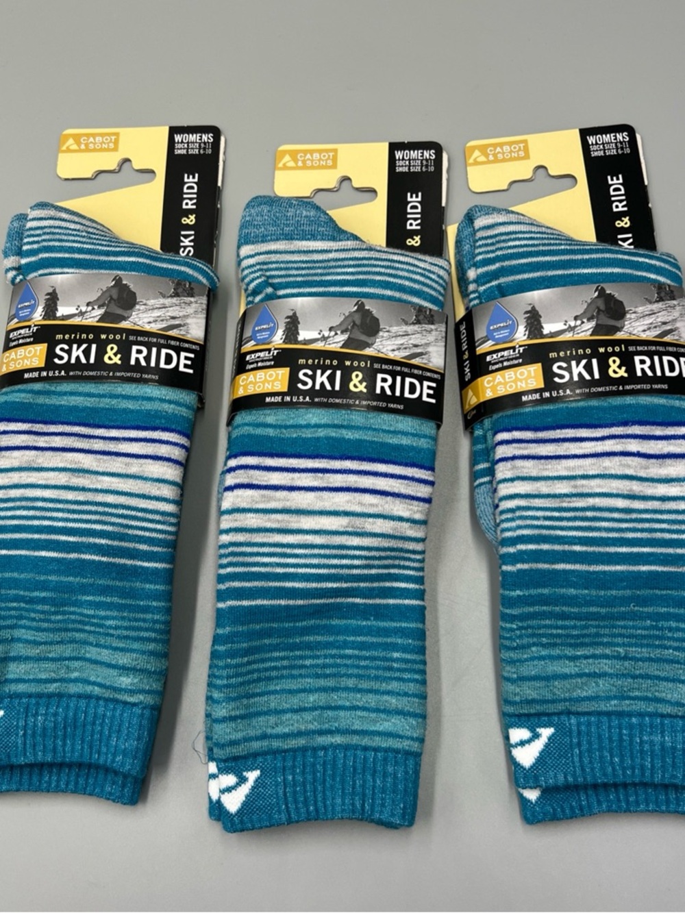 3 Pairs! Cabot & Sons Women's Merino Wool Ski & Ride Socks, Aqua, Shoe Size 6-10